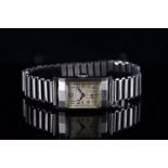 GENTLEMENS LONGINES WRISTWATCH, rectangular patina dial with black Arabic numerals and gun metal