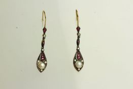 Pair of Ruby, Diamond and Pearl Earrings