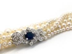 Triple Row Pearl Necklace with Sapphire and Diamond Clasp, three graduating rows of high quality