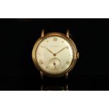 GENTLEMENS LONGINES OVERSIZE 9CT GOLD WRISTWATCH CIRCA 1950, circular patina silver dial with gilt