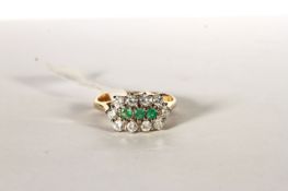 18CT EMERALD AND DIAMOND THREE ROW DRESS RING,emeralds estimated as 0.15ct total, diamonds estimated