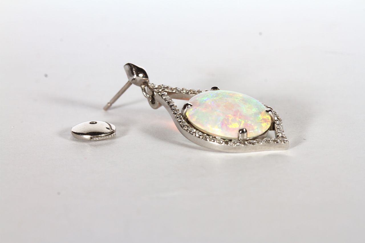 PLATINUM OPAL AND DIAMOND DROP EARRINGS,opals estimated as 6.50ct total, diamonds estimated as 0. - Image 2 of 2