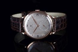 GENTLEMENS OMEGA 18CT ROSE GOLD OVERSIZE WRISTWATCH, circular linen dial with a gold hour markers