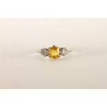 Diamond and Yellow Sapphire 3 Stone Ring, set with 1 asscher cut yellow sapphire, with a round