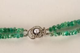 Emerald Bead Necklace, a double row of faceted Emerald beads, strung with a pearl and old cut