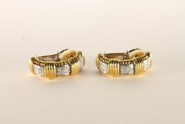 A Pair of Fine Diamond Half Hoop Earrings, Diamonds with Yellow gold wire design, a singe ruby set