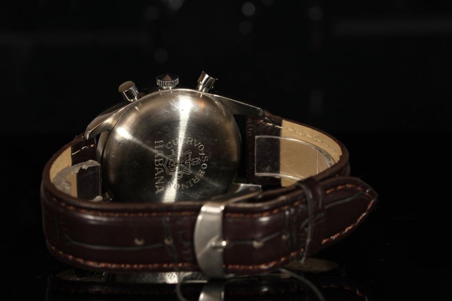 GENTLEMANS CUERVO Y SOBRINOS HABANA CHRONOGRAPH WRISTWATCH, circular silver dial with black hands, - Image 2 of 2