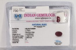 An Oval Cut Loose Natural Ruby, 2.70ct, comes with a Gemological Test Certificate.