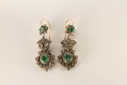 Emerald and diamond drop earrings, oval cut Emerald with micro set diamonds across, French wire