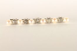 Early 20th Century Pearl and Old Cut Diamond Set Bar Brooch, six 5.8-6mm white cultured pearls,