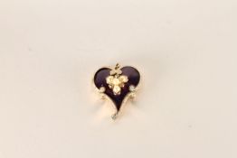 Early 20th Century Enamel Heart Pendant, set with Pearls and Rose cut Diamonds, Purple enamel heart,