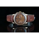 GENTLEMENS CHRONOGRAPHE SUISS 18CT ROSE GOLD WRISTWATCH, circular twin register two tone chocolate