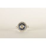 Edwardian Style Sapphire and Diamond Cluster Ring, central old cut diamond approximately 0.30ct,