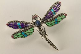 Dragonfly Brooch Pendant, set with a cabochon cut sapphire, ruby eyes and marcasites, inlaid with