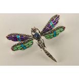 Dragonfly Brooch Pendant, set with a cabochon cut sapphire, ruby eyes and marcasites, inlaid with