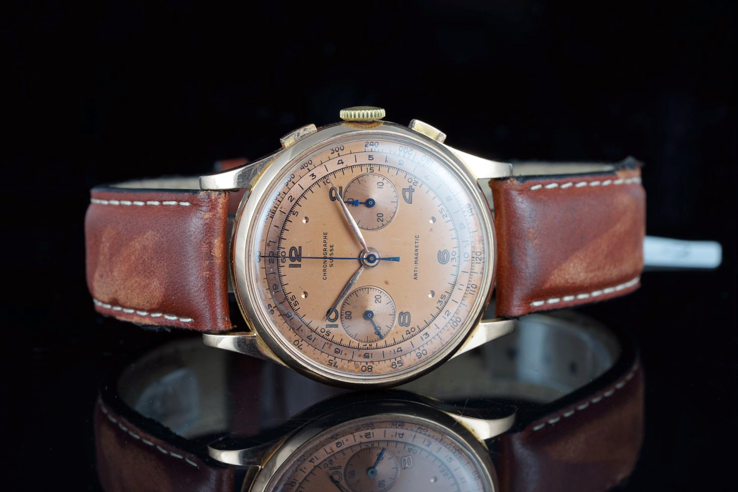 GENTLEMENS CHRONOGRAPHE SUISS 18CT ROSE GOLD WRISTWATCH, circular twin register two tone chocolate - Image 3 of 3