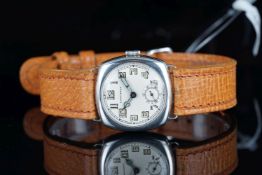 GENTLEMENS LONGINES SILVER WRISTWATCH CIRCA 1923, circular off white dial with lume Arabic