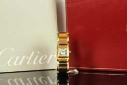LADIES 18CT CARTIER TANKISSIME MODEL 2800, square beige dial with blue hands and black arabic number