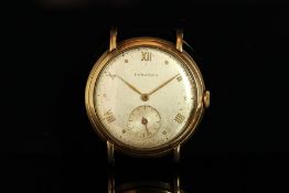 GENTLEMENS LONGINES OVERSIZE 9CT GOLD WRISTWATCH CIRCA 1950, circular patina silver dial with gilt