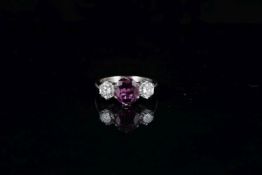 Untreated Ruby and Diamond Three Stone Ring, central 1.37ct ruby, certificated no heat treatment,