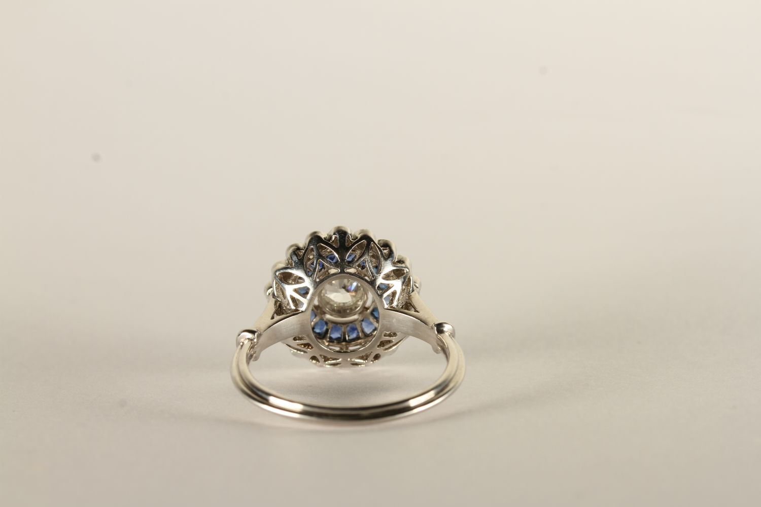 Edwardian Style Sapphire and Diamond Cluster Ring, central old cut diamond approximately 0.30ct, - Image 3 of 3