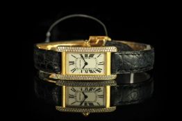 LADIES 18K DIAMOND SET CARTIER AMERICAINE MODEL 1710, oblong cream dial with blue hands and black