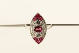 Victorian Style Marquise Shaped Ruby and Diamond Ring, set with rubies and diamonds, platinum not