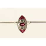 Victorian Style Marquise Shaped Ruby and Diamond Ring, set with rubies and diamonds, platinum not