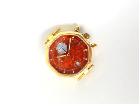 GENTLEMANS 18K GERALD GENTA CHRONOGRAPH MODEL G3161.6, circular wood dial with gold hands, gold