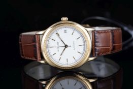 GENTLEMENS BUCHERER AUTOMATIC DATE WRISTWATCH, circular white dial with gold baton hour markers