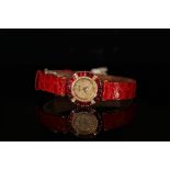 LADIES 18K DE LANEAU WRISTWATCH, DIAMOND PAVE DIAL AND RUBY SET BEZEL, MODEL GE65, round, pave