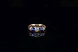 Victorian Sapphire and Diamond Carved Half Hoop Ring, three old cut diamonds with two period cut