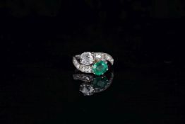 Old Cut Diamond and Emerald Toi Et Moi Ring, feature old cut diamond, estimated weight 0.70ct,