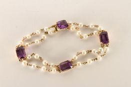 Pearl and Amethyst Bracelet, two rose of pearls, link design, four rectangular cut Amethysts, in