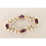 Pearl and Amethyst Bracelet, two rose of pearls, link design, four rectangular cut Amethysts, in