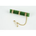 9CT VINTAGE DARK GREEN JADE BROOCH, estimated 48x8mm dimensions, with safety chain and safety pin on