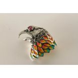 Eagle Head Brooch, set with a ruby eye, inlaid with enamel, set with marcasite, stamped sterling