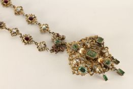 Austro Hungarian Necklace, Mounted with Emeralds, Diamonds, Pearls intergraded chain with Garnets