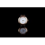 LADIES 9CT GOLD TRENCH WRISTWATCH, circular white dial with blue Arabic numerals and a red twelve,