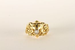 Vintage Lion Ring, Open Mouthed with Diamond detail, leaves to shoulders, double band, in 18ct