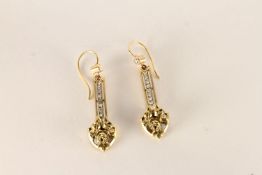 A Pair of Art Nouveau Diamond Drop Earrings, floral drops with rose cut diamond detail, French Wre