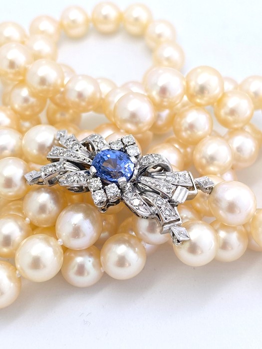 Double Row Akoya Pearl Necklace With A Tanzanite And Diamond Clasp