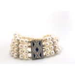 Akoya Pearl Art Deco Bracelet, Sapphire and diamond rectangular feature clasp