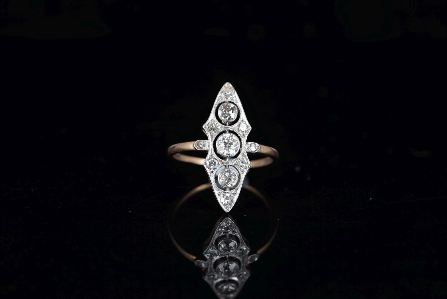 Art Deco Diamond Panel Ring, slim wasted marquise panel with three feature diamonds, estiamted total