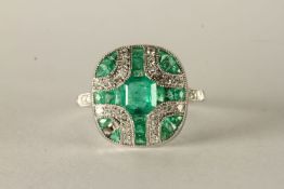 Art Deco Style Emerald and Diamond Panel Ring, set with emeralds and diamonds, diamond set