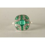 Art Deco Style Emerald and Diamond Panel Ring, set with emeralds and diamonds, diamond set