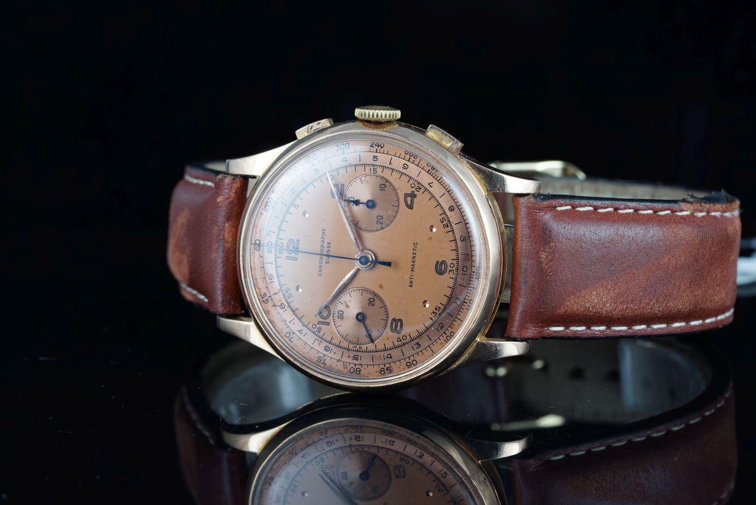 GENTLEMENS CHRONOGRAPHE SUISS 18CT ROSE GOLD WRISTWATCH, circular twin register two tone chocolate - Image 2 of 3