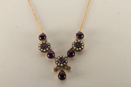 Amethyst, Diamond and Seed Pearl Necklace, set with 5 cabochon cut amethysts, 3 amethysts, 2