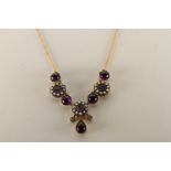 Amethyst, Diamond and Seed Pearl Necklace, set with 5 cabochon cut amethysts, 3 amethysts, 2