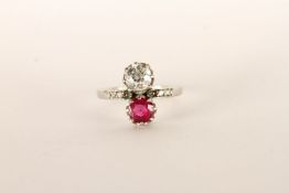 Victorian Ruby and Diamond two stone ring, large old cut diamond approximately 0.70ct, claw set with